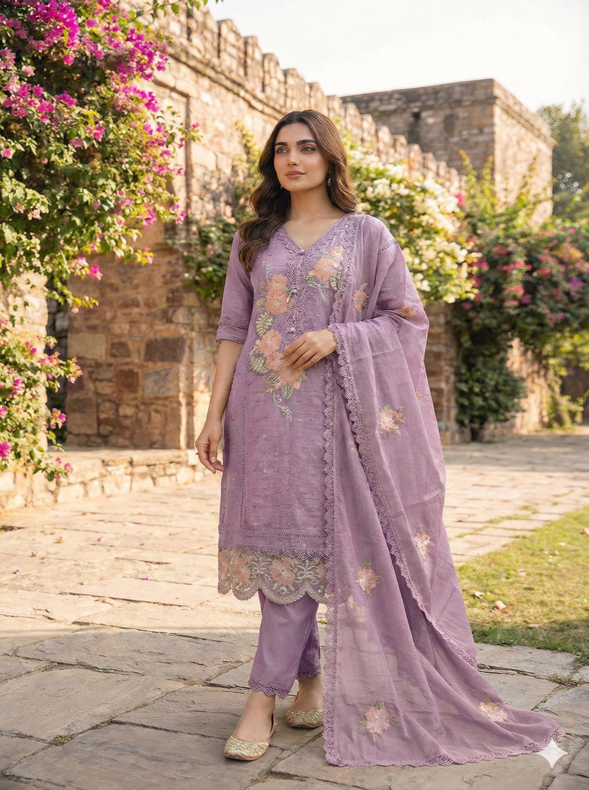 Embroidered Mulchanderi Kurta Set