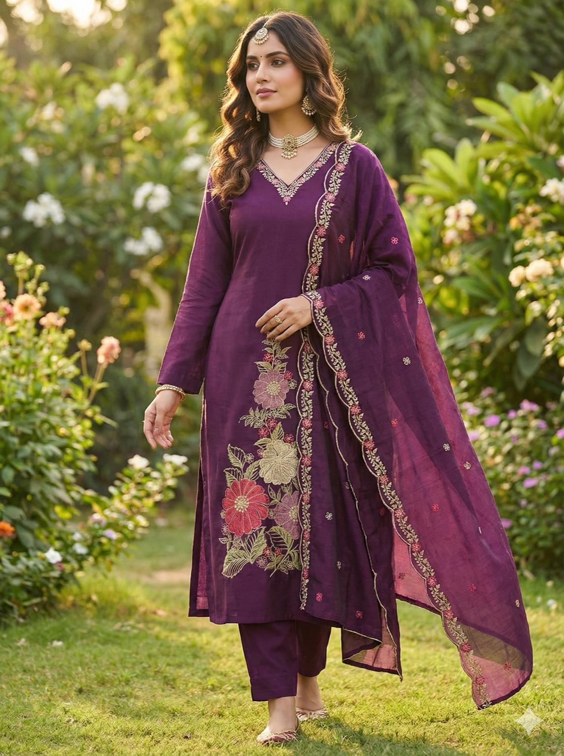 Embroidered Roman Silk Kurta Set
