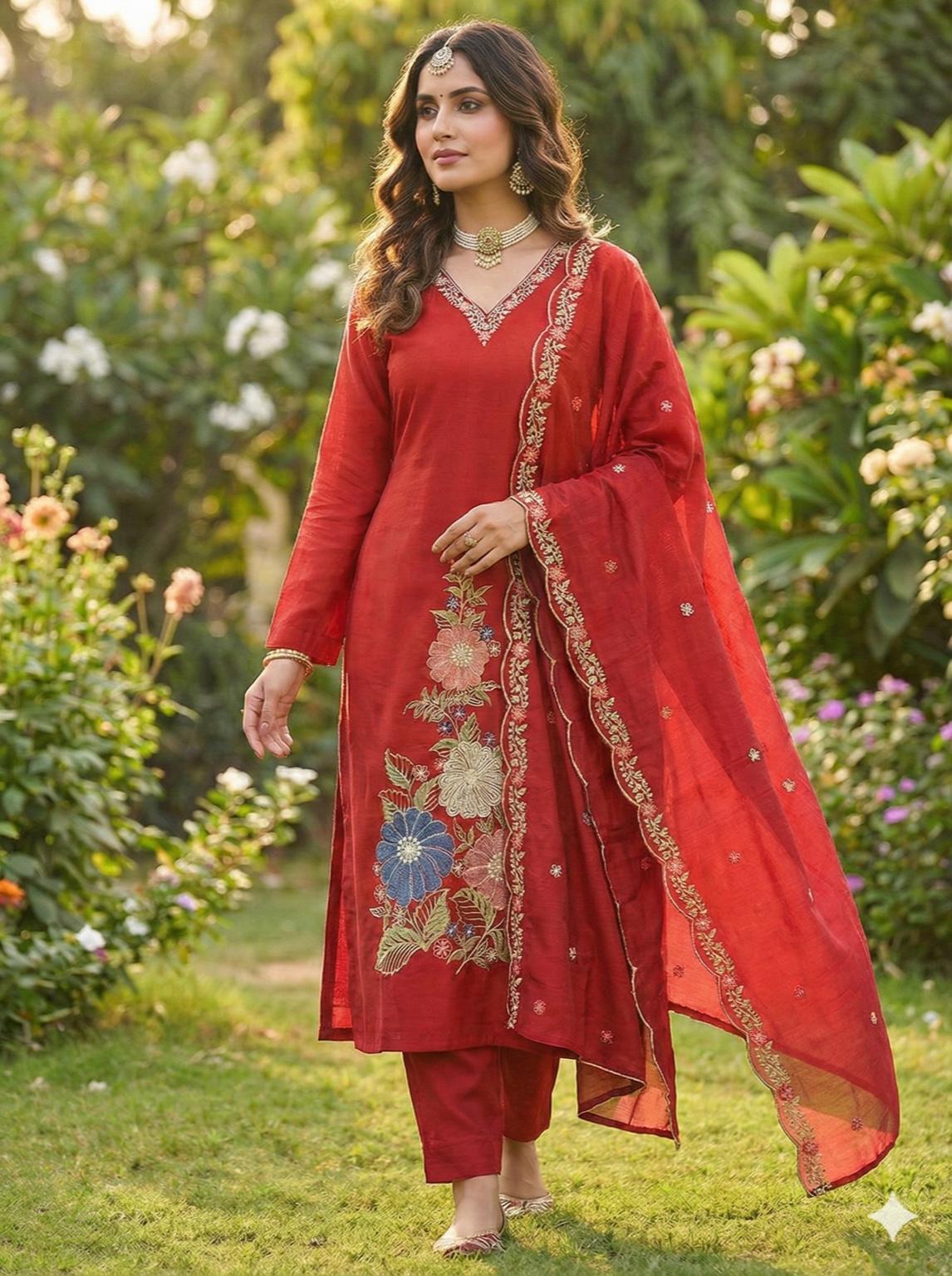 Embroidered Roman Silk Kurta Set