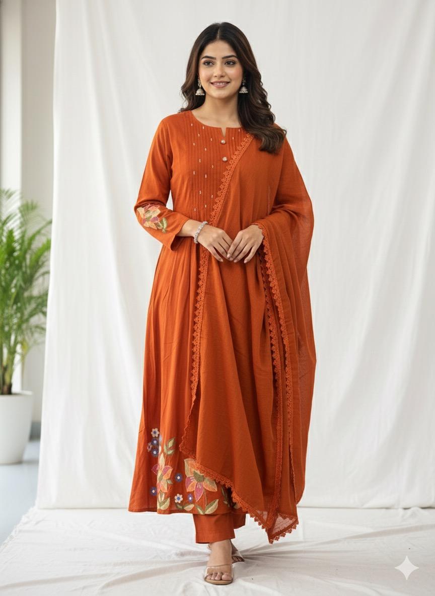 Pintex Embroidered Cotton Kurta Set