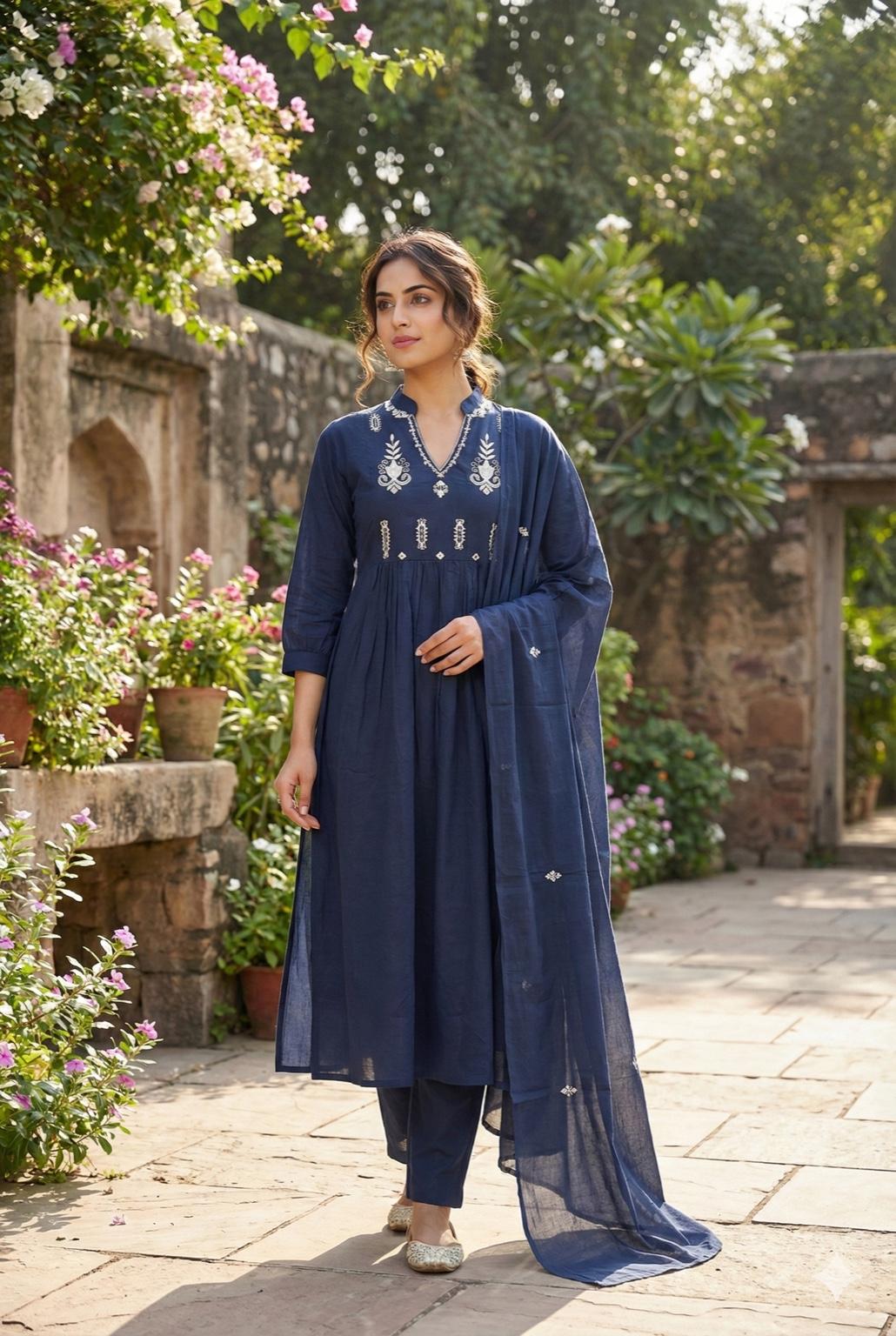 Embroidered Flared Cotton Kurta Set